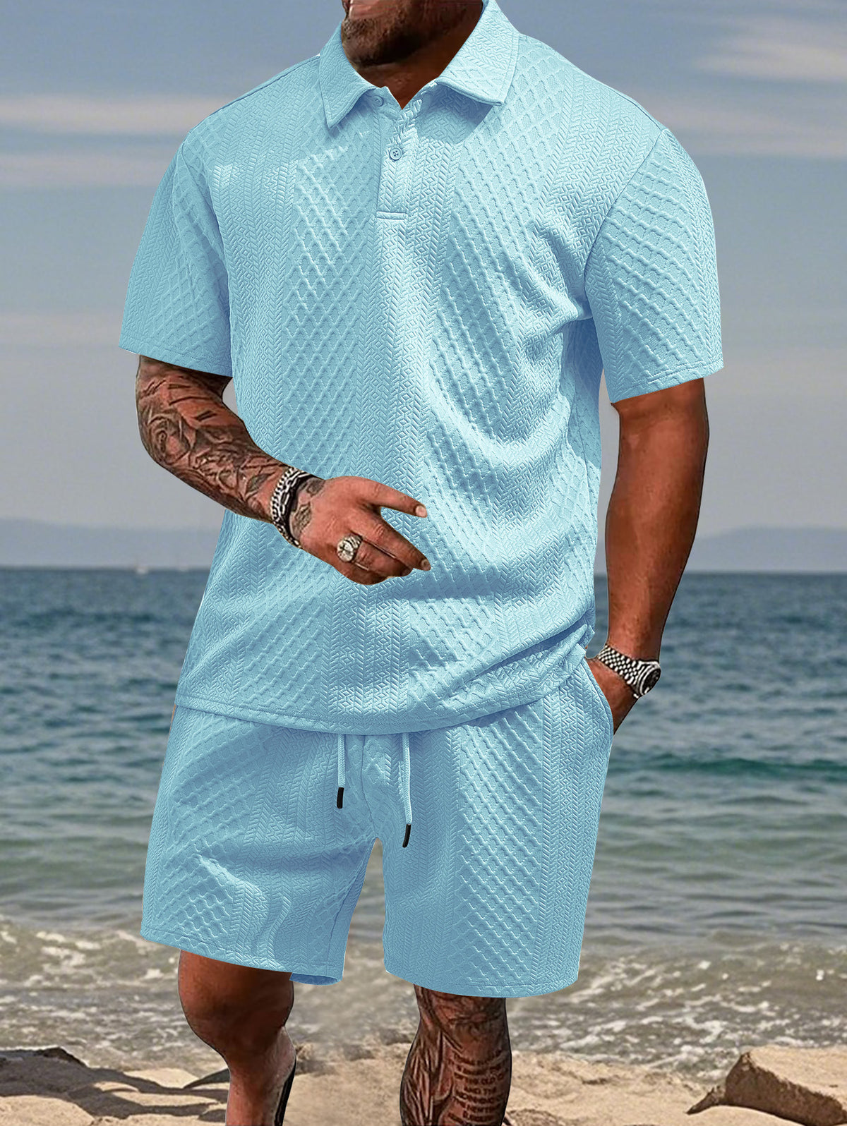 Men's Solid Shortsleeve Polo Shirt & Drawstring Waist Shorts Set