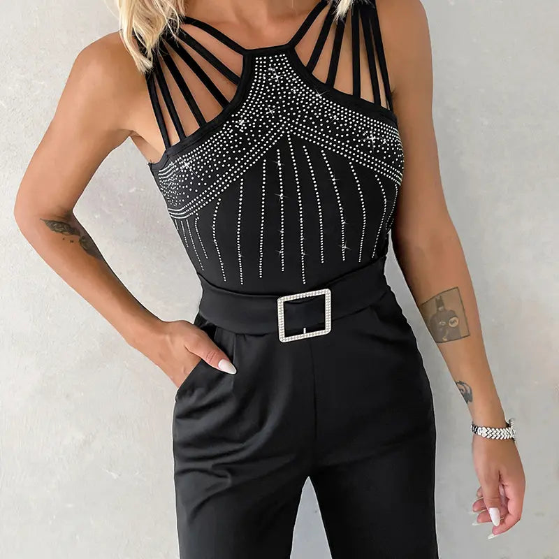 Women's Multi Strap Sleeveless Jumpsuit Rhinestone Bootcut Overalls with Pockets