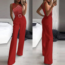 Women's Multi Strap Sleeveless Jumpsuit Rhinestone Bootcut Overalls with Pockets