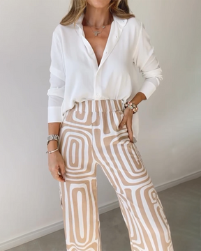 Lapel Long-sleeved Shirt Printed Trousers Two-piece Set Without Belt