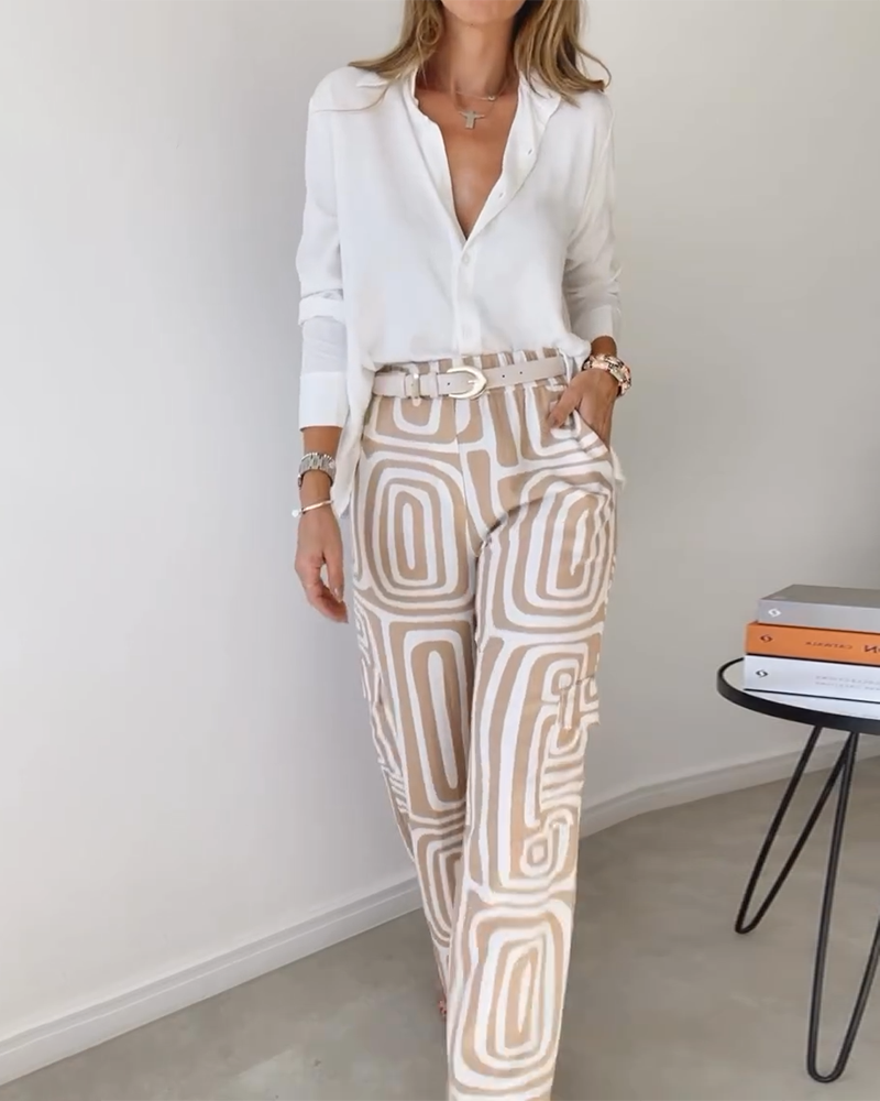 Lapel Long-sleeved Shirt Printed Trousers Two-piece Set Without Belt