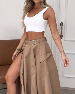 Sleeveless solid color slit two piece set