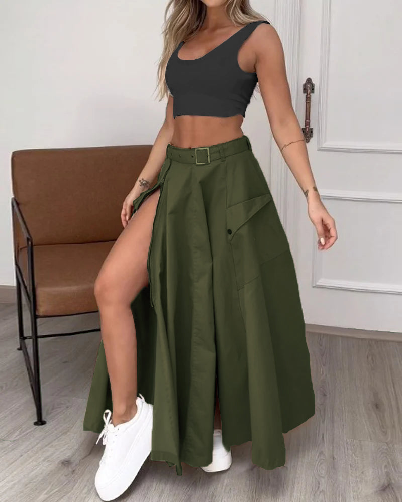 Sleeveless solid color slit two piece set