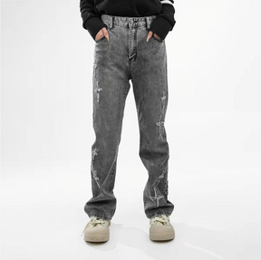 Patchwork Cross Star Embroidered Bootcut Distressed Jeans