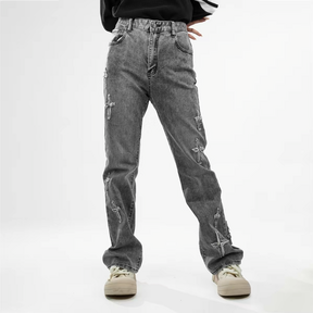 Patchwork Cross Star Embroidered Bootcut Distressed Jeans