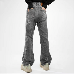 Patchwork Cross Star Embroidered Bootcut Distressed Jeans