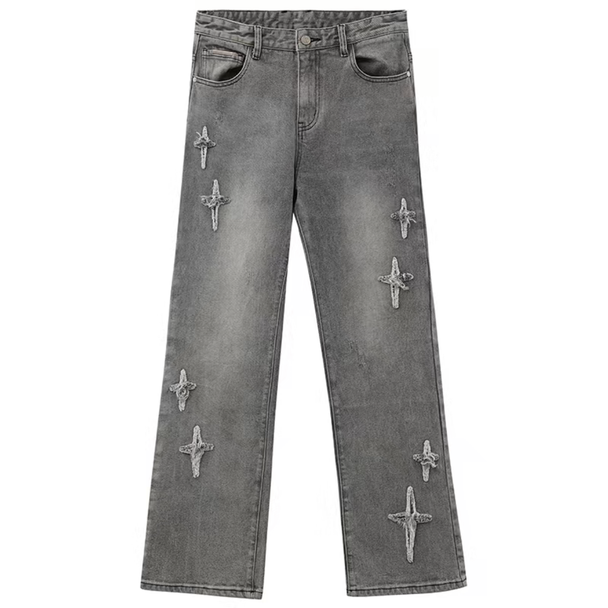 Patchwork Cross Star Embroidered Bootcut Distressed Jeans