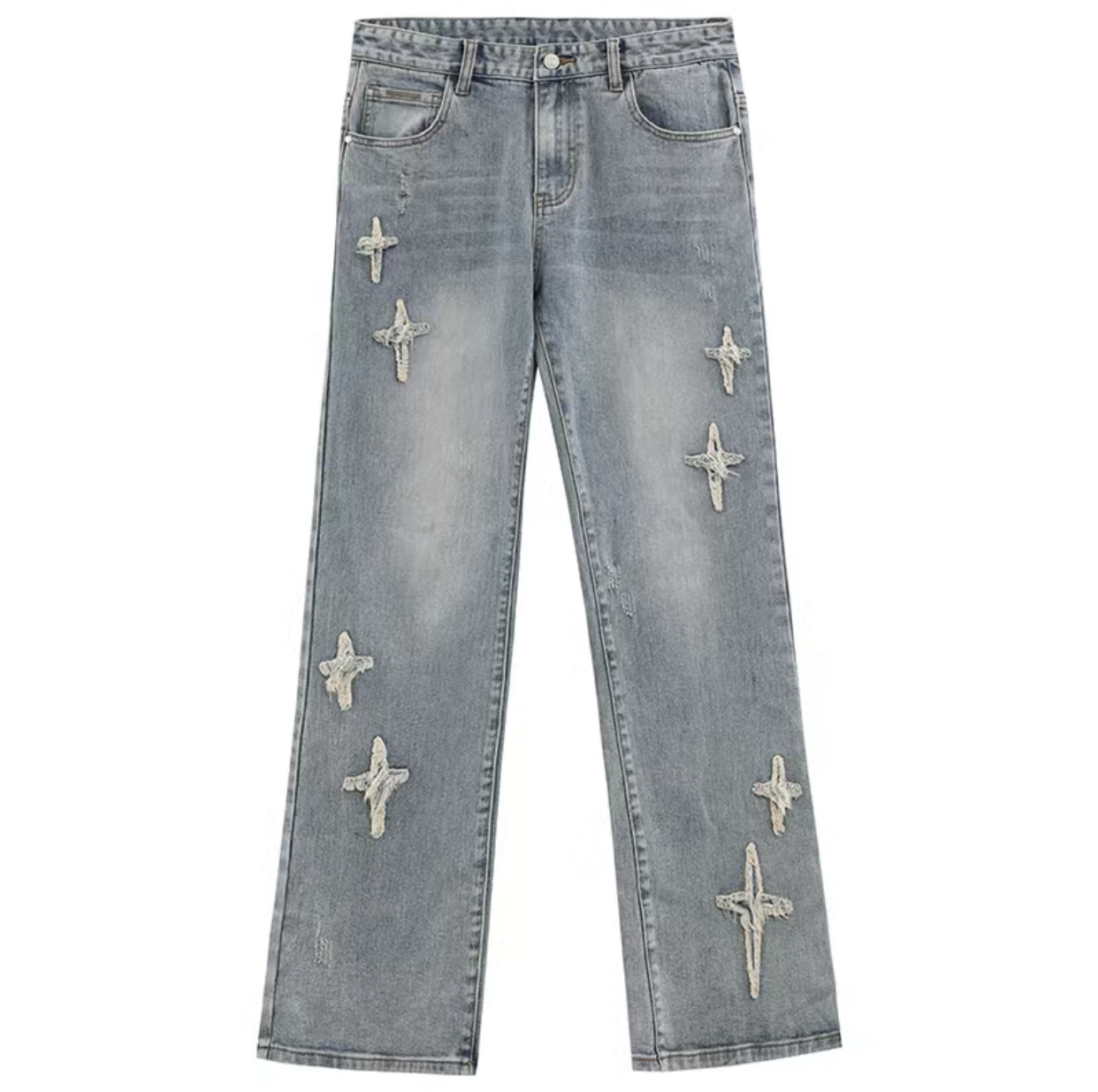 Patchwork Cross Star Embroidered Bootcut Distressed Jeans