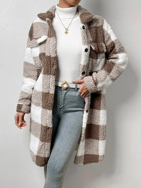 Women's Plaid Print Button Front Pocket Fuzzy Coat