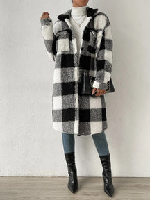 Women's Plaid Print Button Front Pocket Fuzzy Coat