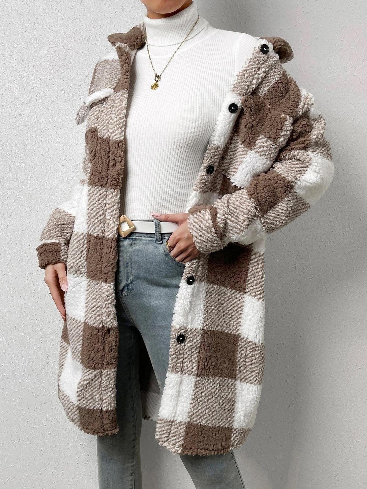 Women's Plaid Print Button Front Pocket Fuzzy Coat