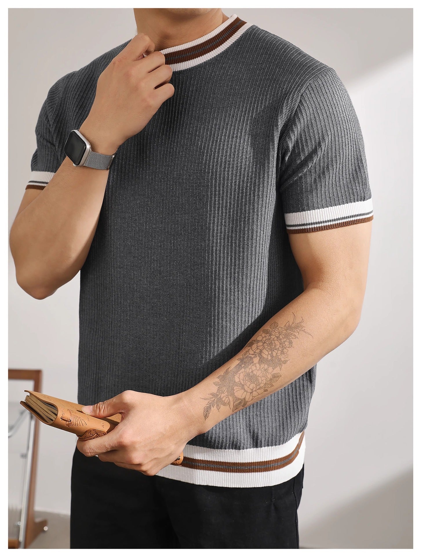 Knitted color block short-sleeve shirt
