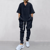 Men's Solid Jacquard Drop Shoulder V Neck Top & Drawstring Waist Pants Set