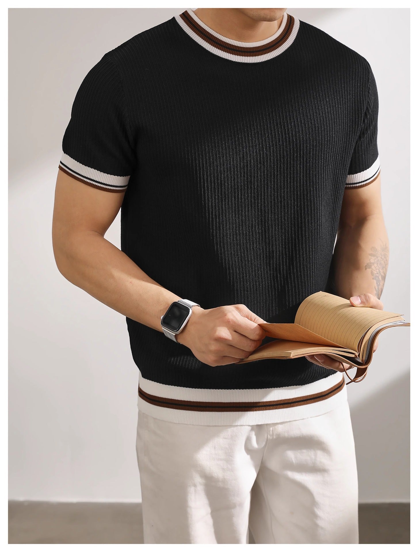 Knitted color block short-sleeve shirt