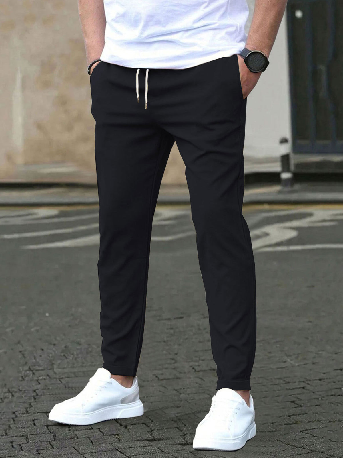Solid color slim-fit casual pants