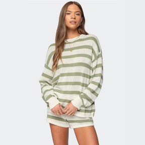 Casual color-blocked striped suit round-neck long-sleeved knitted suit