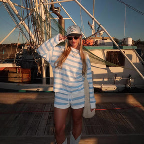 Casual color-blocked striped suit round-neck long-sleeved knitted suit