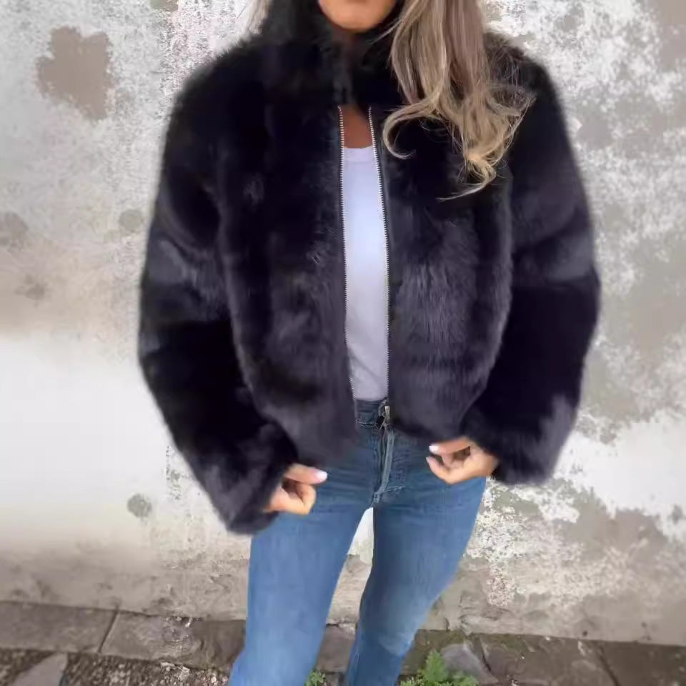 Women's High-neck Faux Fur Zipper Casual Jacket