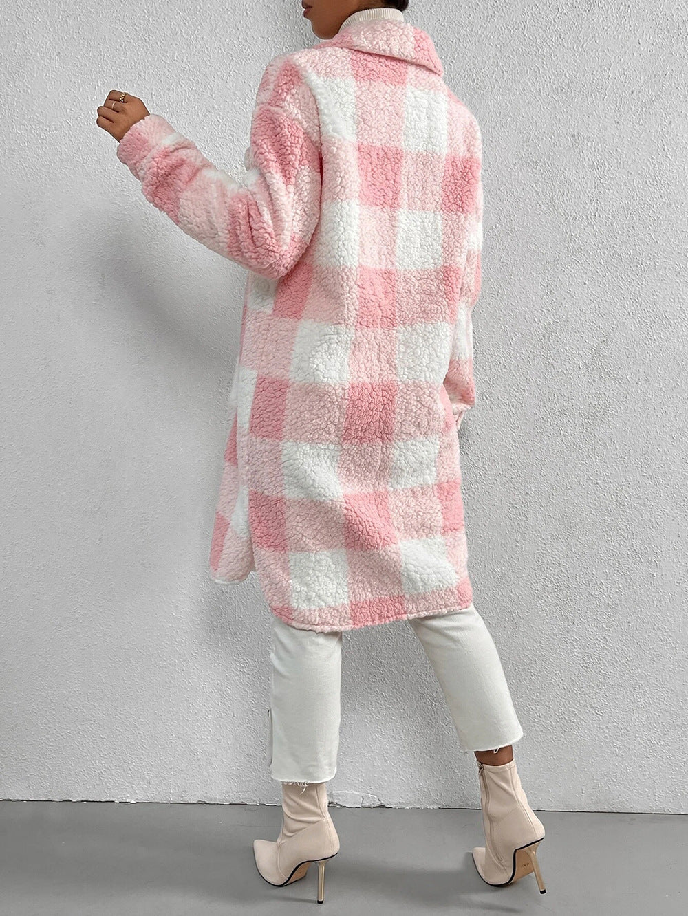 Women's Plaid Print Button Front Pocket Fuzzy Coat