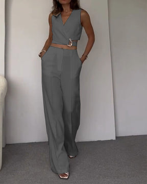 V-neck Cross-tie Top and Pants Two-piece Suit