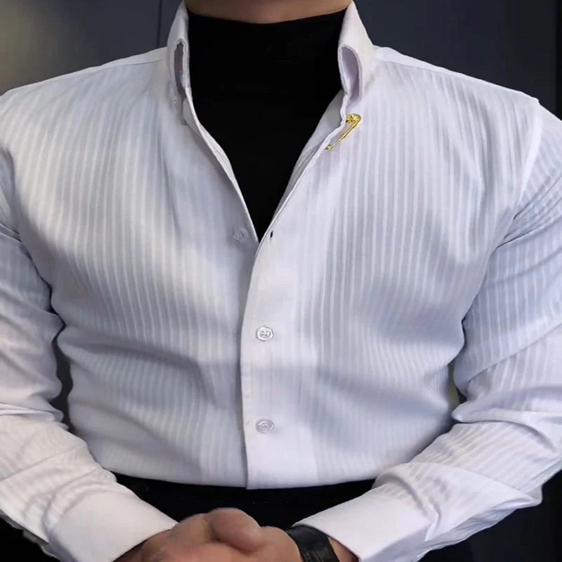 Men’s Sleek Striped Shirt With Brooch