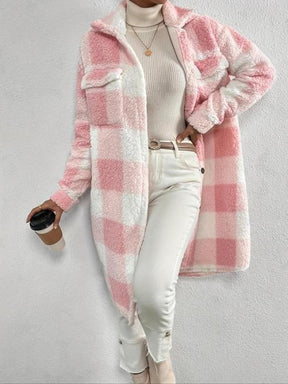 Women's Plaid Print Button Front Pocket Fuzzy Coat